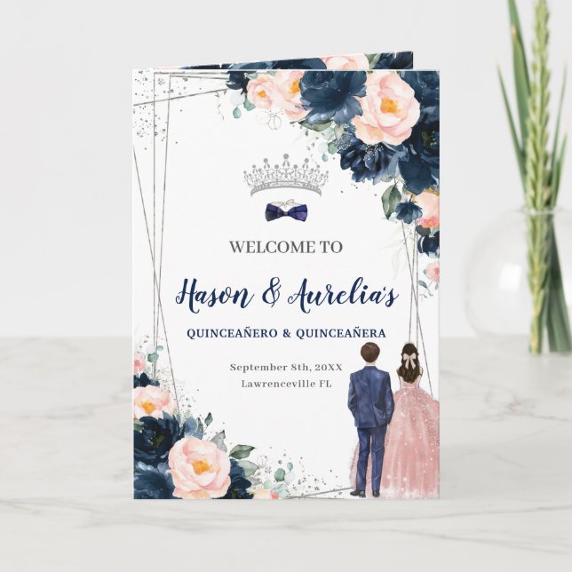 Navy Blue Blush Floral Twins Boy Girl Quinceañera Programme (Front)