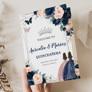 Navy Blue Blush Floral Twins Princess Quinceañera Programme