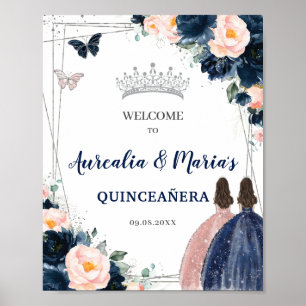 Navy Blue Blush Floral Twins Silver Quinceañera Poster