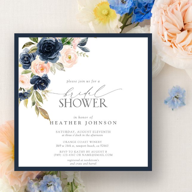 Navy Blue & Blush Floral Watercolor Bridal Shower Invitation (Creator Uploaded)