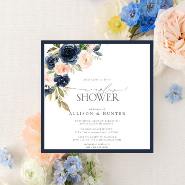 Navy Blue & Blush Floral Watercolor Couples Shower Invitation (Creator Uploaded)