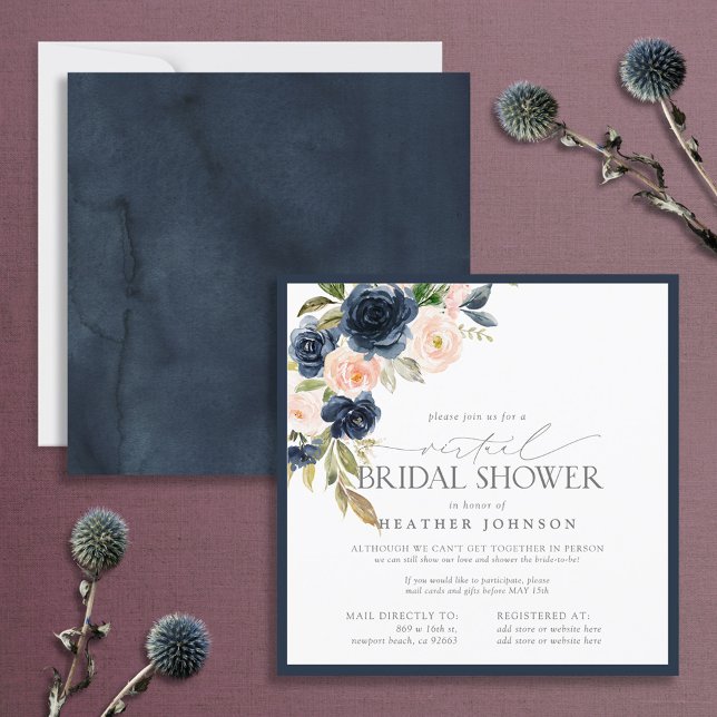 Navy Blue & Blush Floral Watercolor Virtaual Invitation (Creator Uploaded)