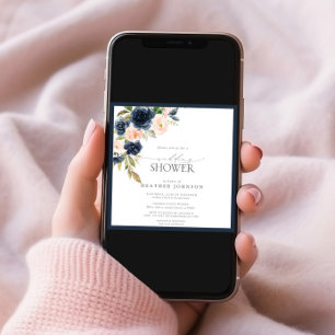 Navy Blue & Blush Floral Watercolor Wedding Shower Invitation