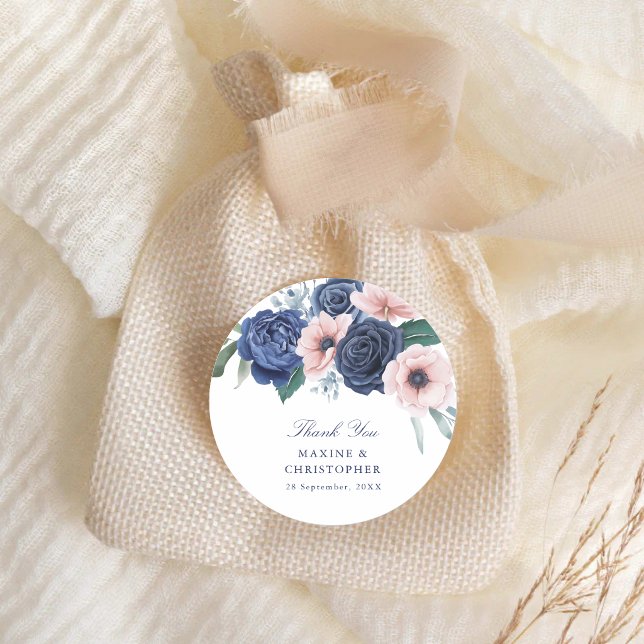 Navy Blue & Blush Floral Wedding Classic Round Sticker (Navy blue and blush floral round sticker adds a polished touch to wedding favors.)