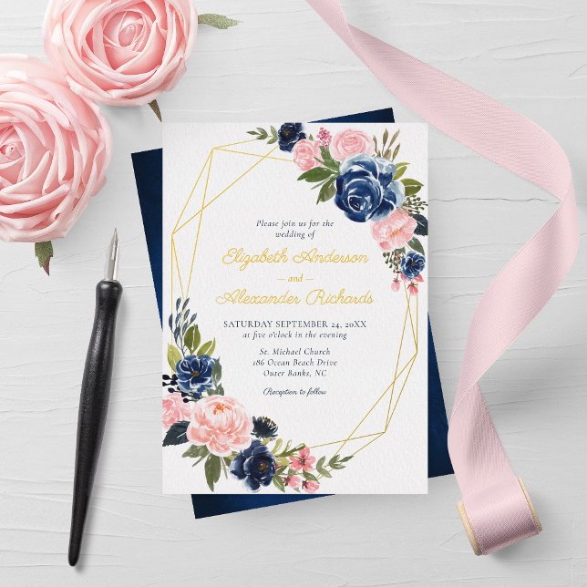Navy Blue Blush Floral Wedding Geometric Gold (Creator Uploaded)