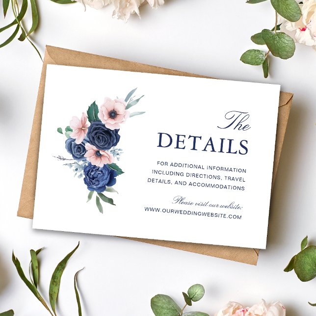 Navy Blue & Blush Floral Wedding Information Enclosure Card (Navy blue and blush floral enclosure card keeps guests informed with elegant charm.)