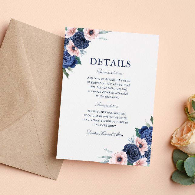 Navy Blue & Blush Floral Wedding Information Enclosure Card (Navy blue and blush floral enclosure card shares wedding details with timeless elegance.)