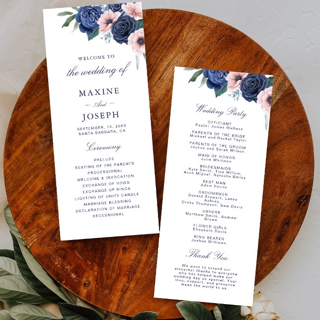 Navy Blue & Blush Floral Wedding Programme (Navy blue and blush floral wedding program guides guests with elegant style.)