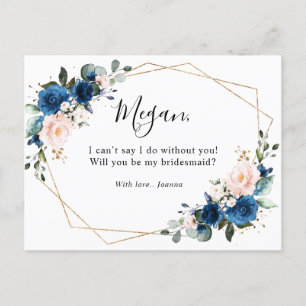 Navy Blue Blush Floral Will You Be My Bridesmaid Postcard