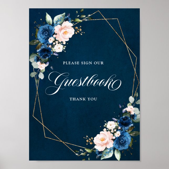 Navy Blue Blush Geometric Sign Guestbook Poster (Front)