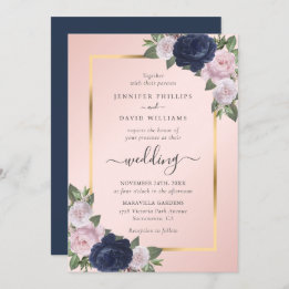 Navy Blue Blush Gold Floral Wedding Invitation