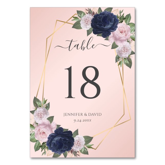 Navy Blue Blush Gold Floral Wedding Table Number (Front)