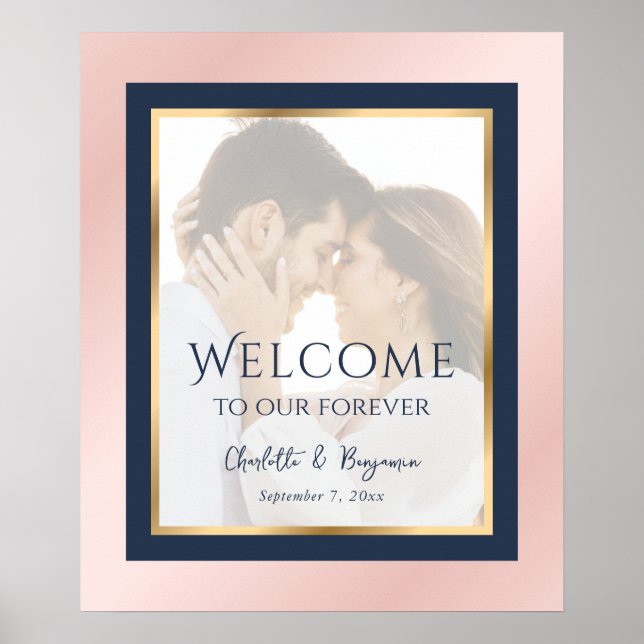 Navy Blue Blush Gold Photo Wedding Welcome Sign (Front)