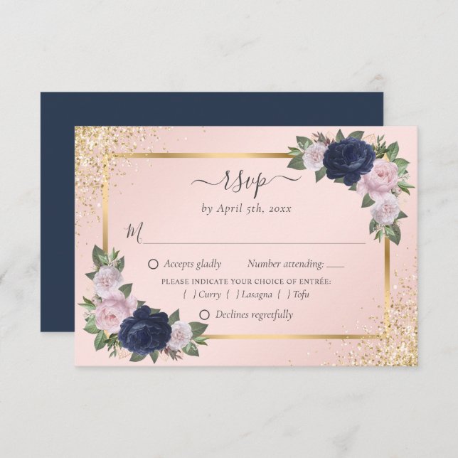 Navy Blue Blush Gold Wedding RSVP Meal Choice (Front/Back)