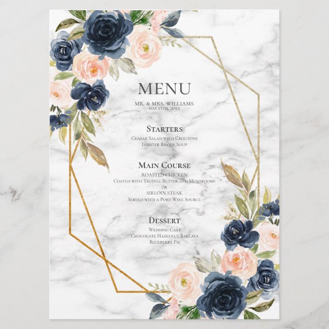 Navy Blue Blush Marble Geometric Floral Wedding Menu (Front)