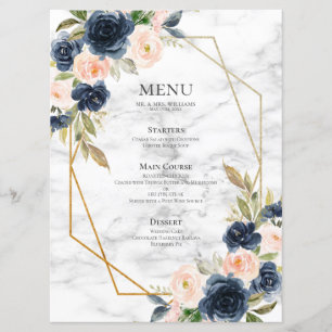 Navy Blue Blush Marble Geometric Floral Wedding Menu