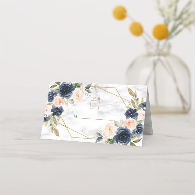 Navy Blue Blush Marble Geometric Floral Wedding Place Card (Front)