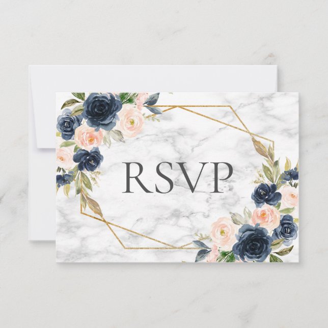Navy Blue Blush Marble Geometric Floral Wedding RSVP Card (Front)