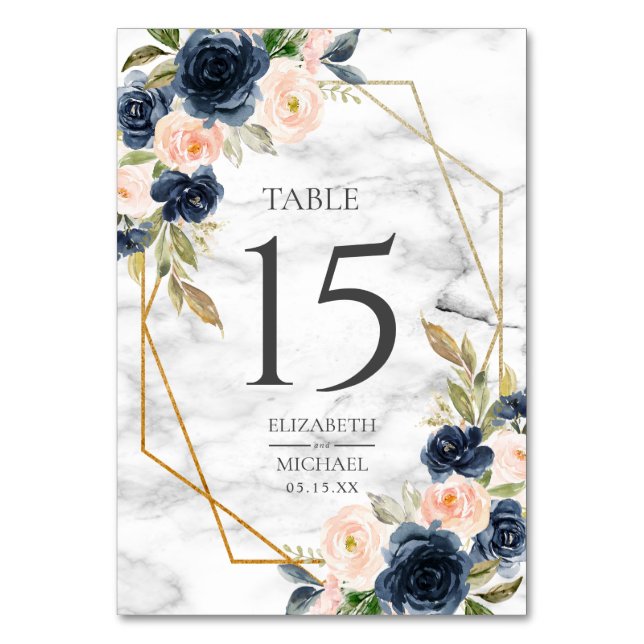 Navy Blue Blush Marble Geometric Floral Wedding Table Number (Front)