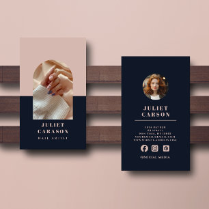 Navy Blue & Blush Nail Artist Arch Photo Business Card