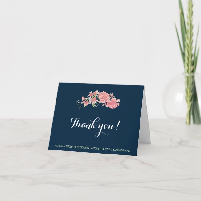 Navy blue blush peonies wedding editable thank you card (Front)