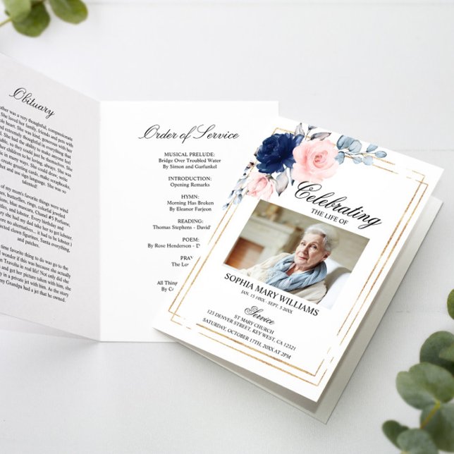 Navy Blue & Blush Photo Memorial Funeral Programs Card (Creator Uploaded)