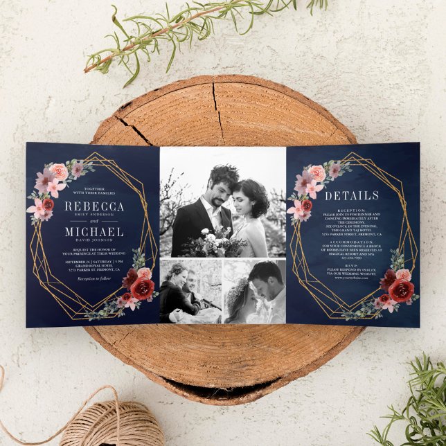 Navy Blue Blush Pink Burgundy Floral Wedding Tri-Fold Invitation (Creator Uploaded)