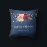 Navy Blue Blush Pink Burgundy Roses Lights Wedding Cushion<br><div class="desc">This pillow features watercolor blush pink and burgundy roses with green leaves and foliage and a navy blue background. Personalise it with names and date. This pillow is part of a collection which includes matching wedding stationery and gifts. Please visit our store or view our collection pages to see the...</div>