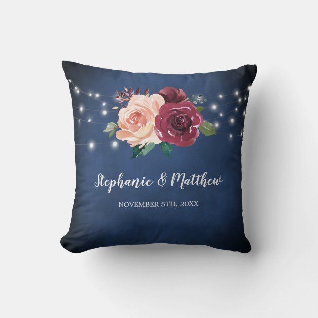 Navy Blue Blush Pink Burgundy Roses Lights Wedding Cushion (Front)