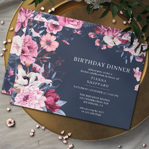 Navy Blue Blush Pink   Chic Floral Birthday Dinner Invitation
