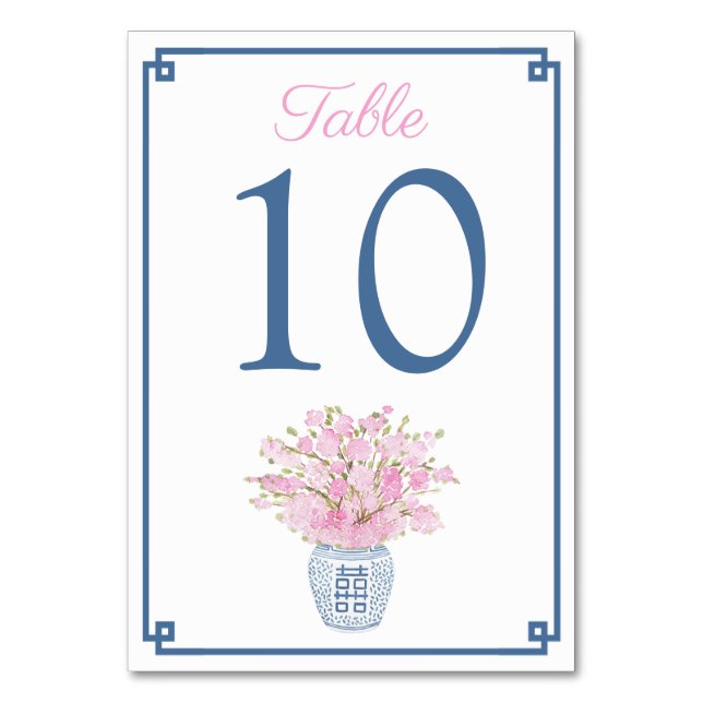 Navy Blue & Blush Pink Chinoiserie Chic Wedding Table Number (Front)