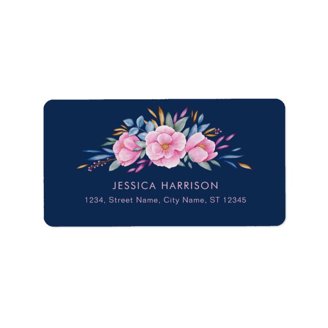 Navy Blue Blush Pink Colourful Floral Watercolor Label (Front)