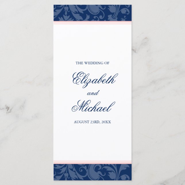 Navy Blue Blush Pink Damask Swirl Wedding Program Programme (Front)
