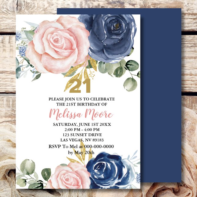 Navy blue blush pink floral 21st birthday invitation (Creator Uploaded)