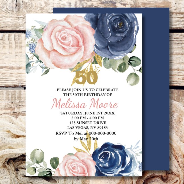 Navy blue blush pink floral 50th birthday invitation (Creator Uploaded)