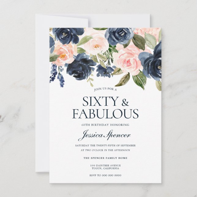 Navy Blue Blush Pink Floral 60th Birthday Party Invitation (Front)