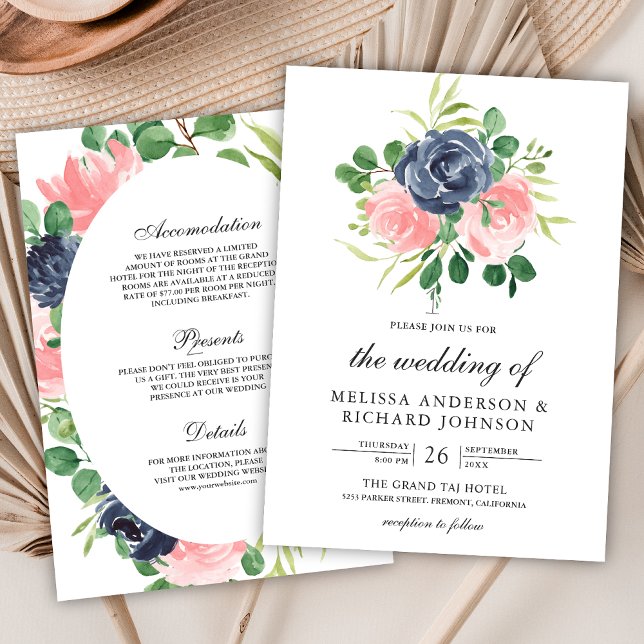Navy Blue Blush Pink Floral All in One Wedding Invitation (Creator Uploaded)