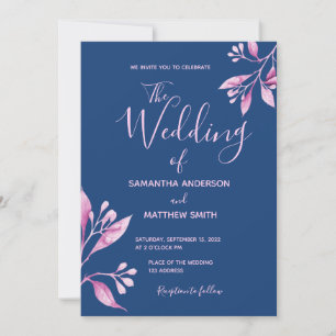 Navy blue blush pink floral botanical wedding invitation