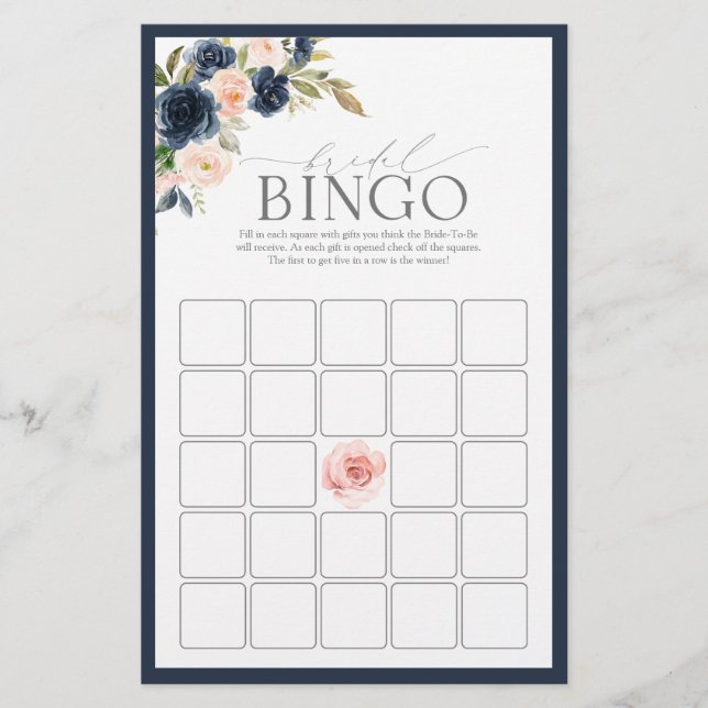 Navy Blue Blush Pink Floral Bridal Bingo Game (Front)