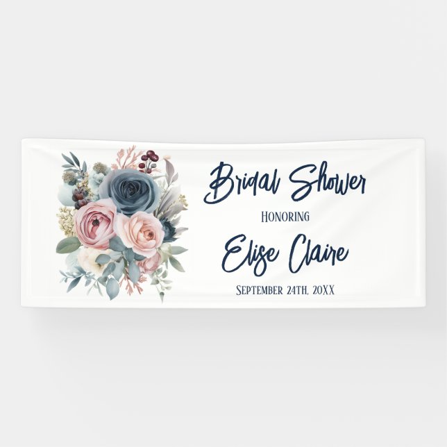 Navy Blue Blush Pink Floral Bridal Shower Banner (Horizontal)