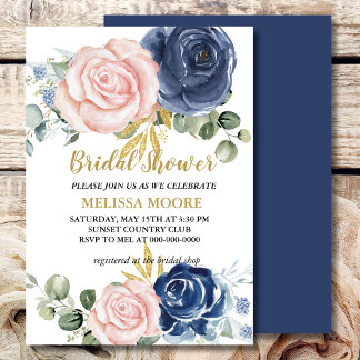 Navy Blue Blush Pink Floral Bridal Shower Invitation