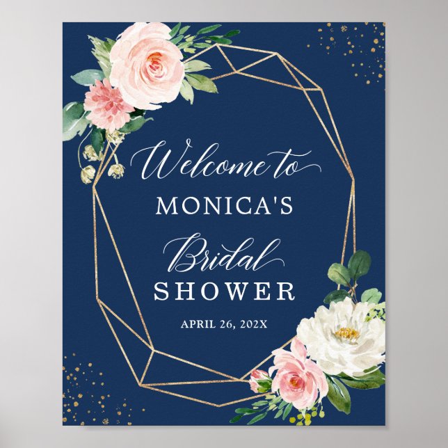 Navy Blue Blush Pink Floral Bridal Shower Sign (Front)