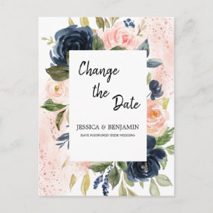 Navy Blue Blush Pink Floral Change the Date Postcard