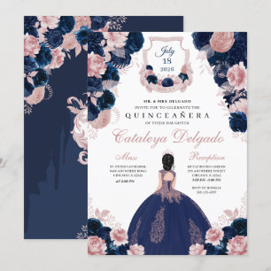 Navy Blue & Blush Pink Floral Elegant Quinceañera Invitation
