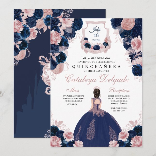 Navy Blue & Blush Pink Floral Elegant Quinceañera Invitation (Front/Back)