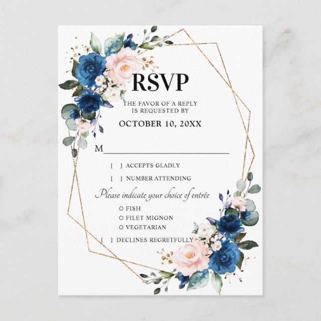 Navy Blue Blush Pink Floral Geometric RSVP Postcard (Front)