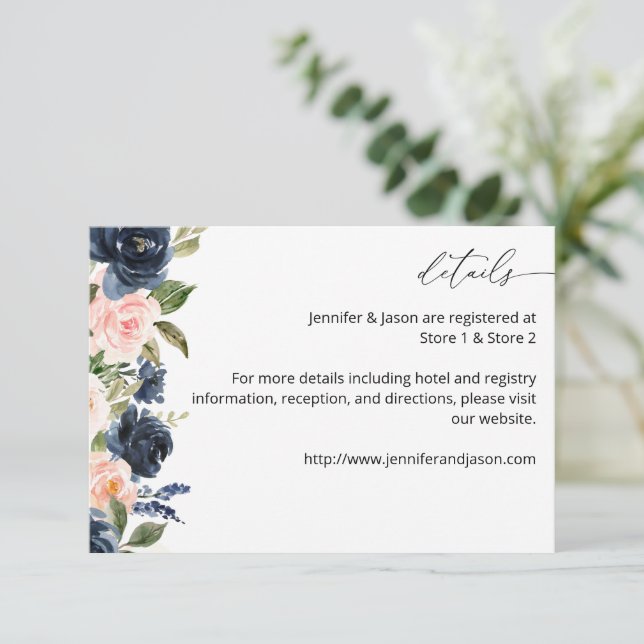 Navy Blue & Blush Pink Floral MED Enclosure Card (Standing Front)