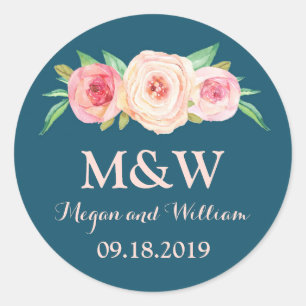 Navy Blue Blush Pink Floral Monogram Wedding Classic Round Sticker