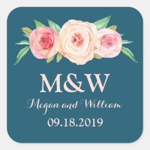 Navy Blue Blush Pink Floral Monogram Wedding Square Sticker