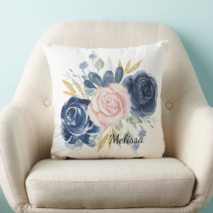 Navy blue blush pink floral personalise cushion